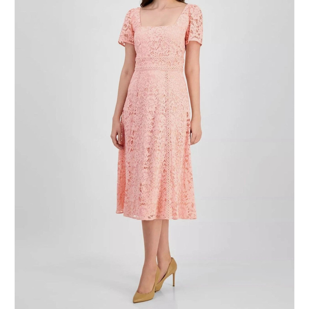 Anne Klein Women's Pink Lace Square Neck Puff Sleeve Dress Size 4, MSRP: 149$